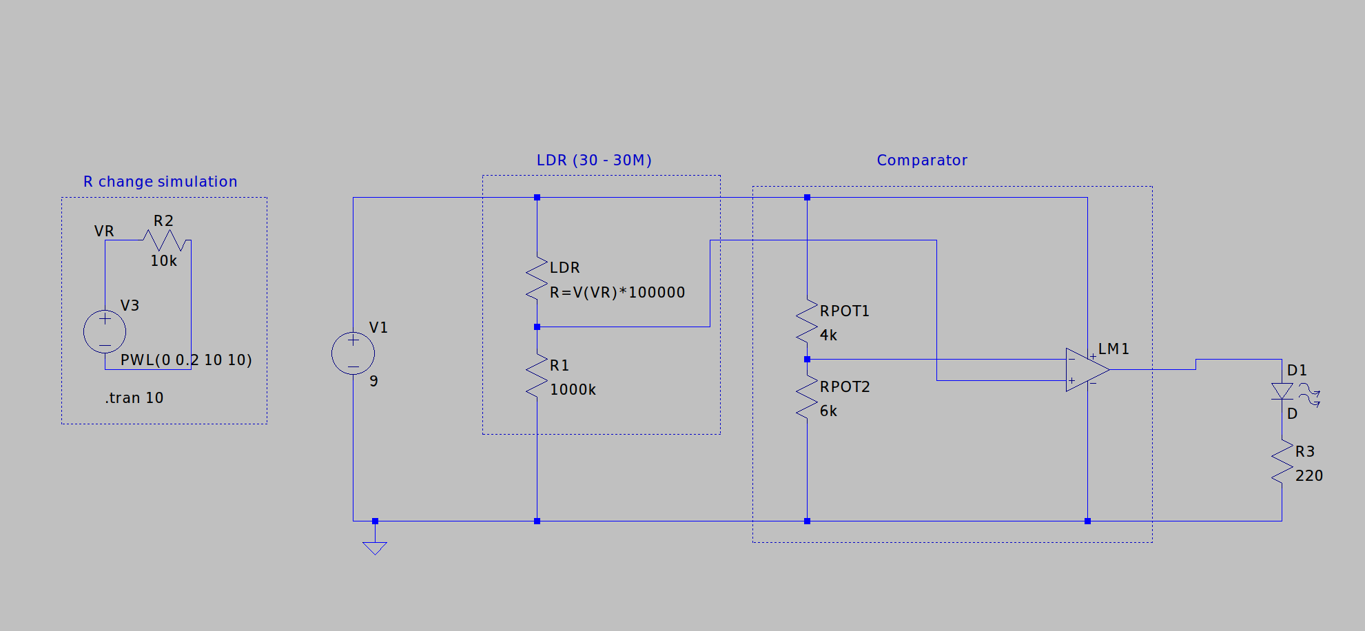 Circuito sensor LDR con resistencia variable simulada