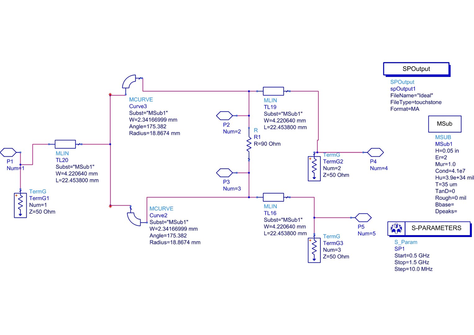 Esquemático en ADS del divisor Wilkinson